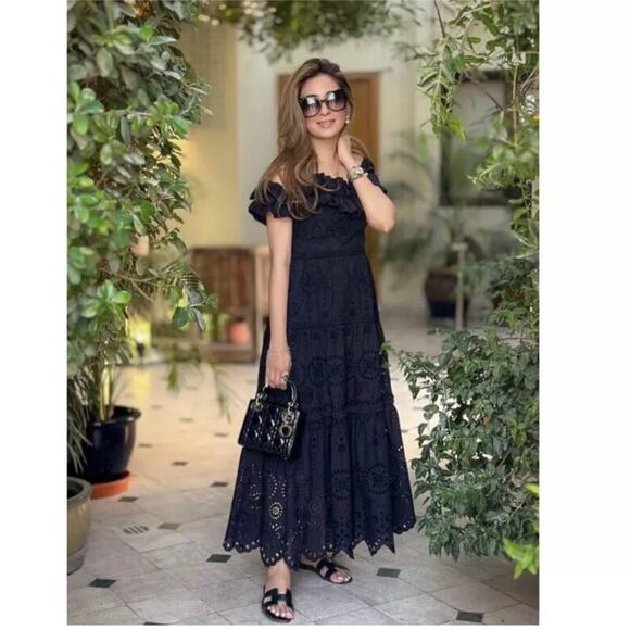 Zara Black Embroidered Eyelet Off The Shoulder Ruffle Midi Dress XS - Picture 3 of 11